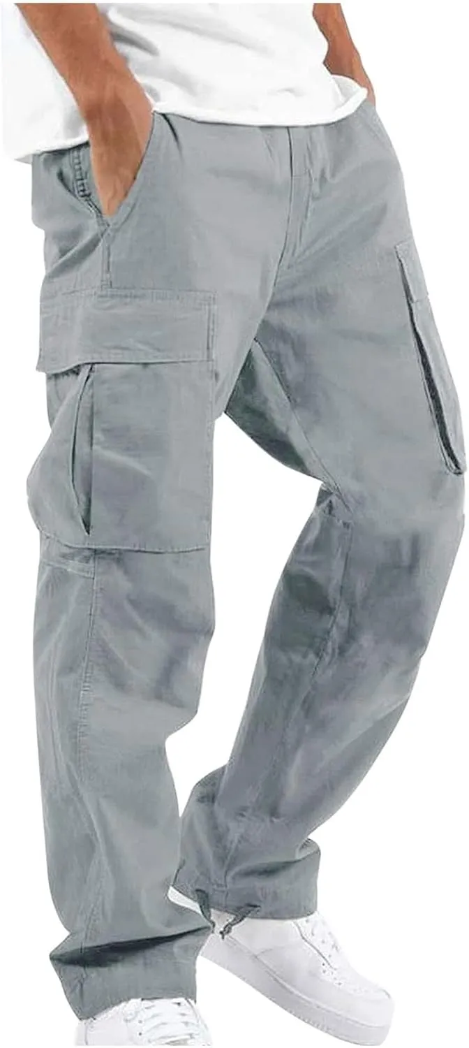 Men Solid Casual Multiple Pockets Outdoor Straight Type Fitness Pants Cargo Pants Trousers, 01-gray, 5X-Large