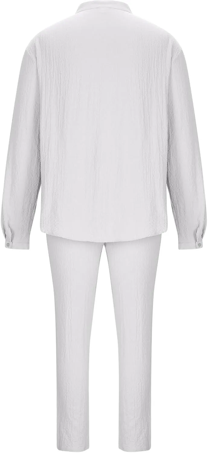 Men's 2 Pieces Cotton Linen Set Casual Long Sleeve Henley Shirts Beach Pants Outfits with Pockets Summer Casual Yoga Suit
