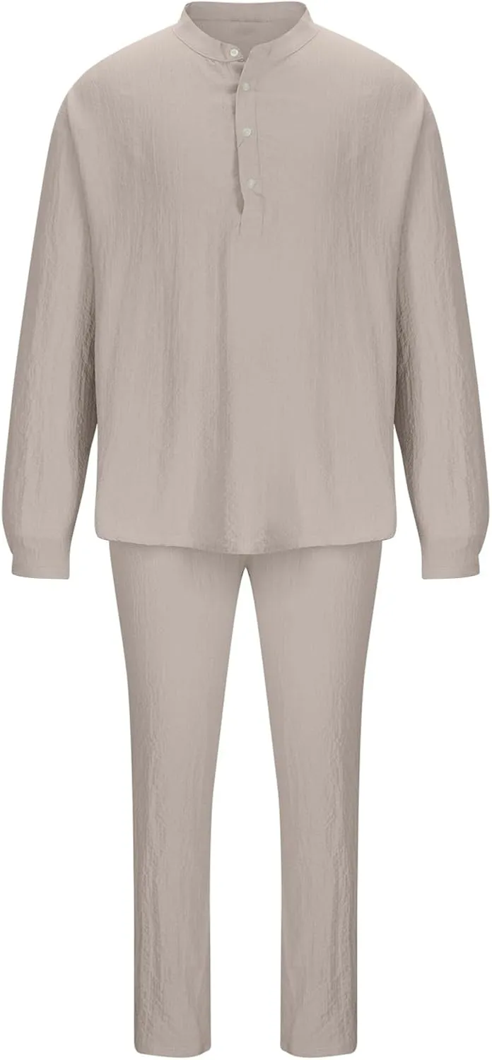 Men's 2 Pieces Cotton Linen Set Casual Long Sleeve Henley Shirts Beach Pants Outfits with Pockets Summer Casual Yoga Suit