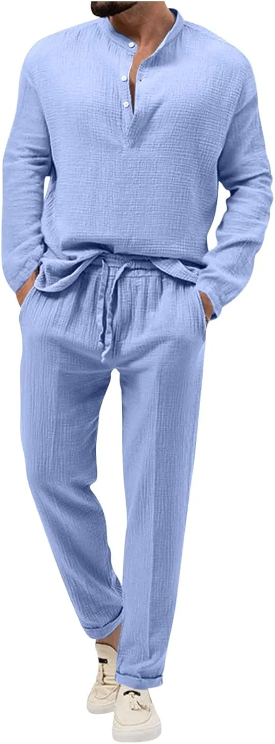 Men's 2 Pieces Cotton Linen Set Casual Long Sleeve Henley Shirts Beach Pants Outfits with Pockets Summer Casual Yoga Suit