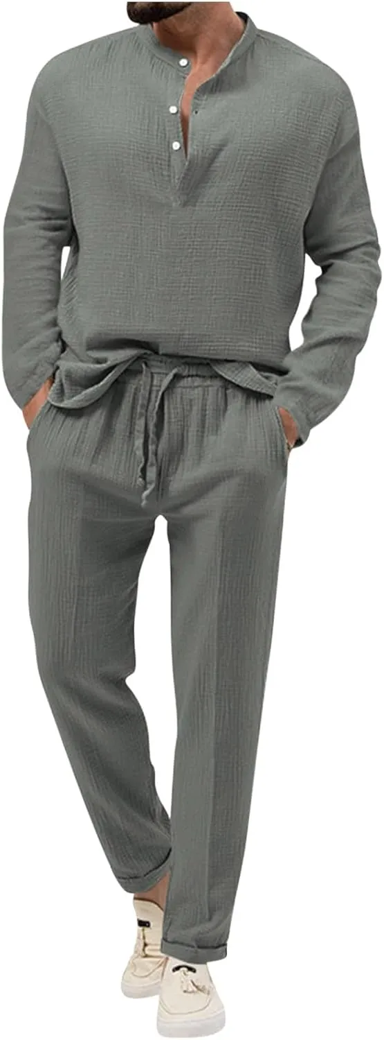 Men's 2 Pieces Cotton Linen Set Casual Long Sleeve Henley Shirts Beach Pants Outfits with Pockets Summer Casual Yoga Suit
