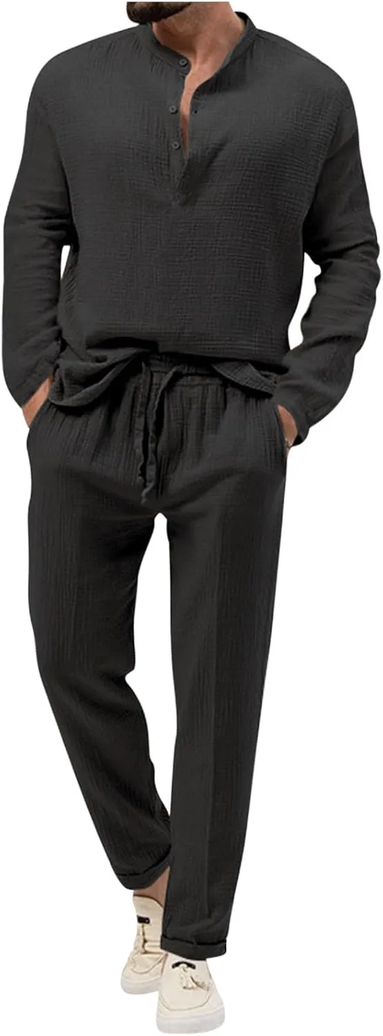 Men's 2 Pieces Cotton Linen Set Casual Long Sleeve Henley Shirts Beach Pants Outfits with Pockets Summer Casual Yoga Suit