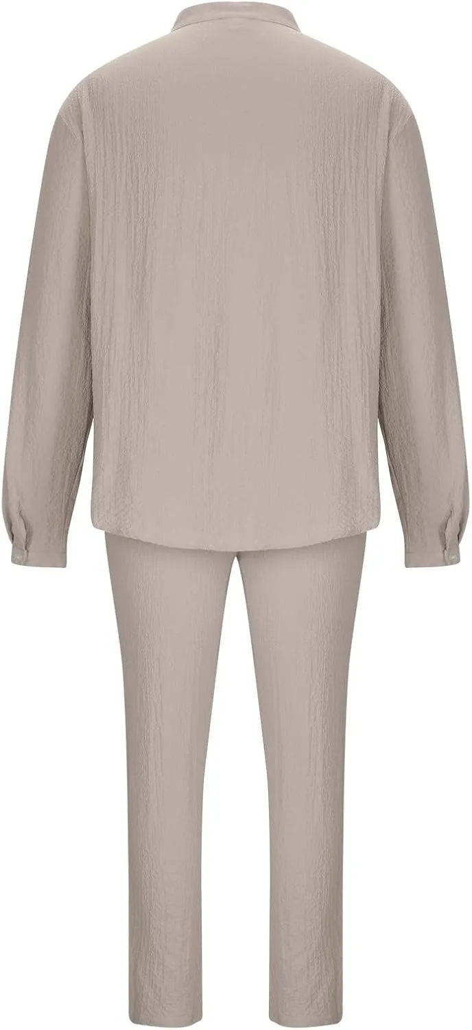 Men's 2 Pieces Cotton Linen Set Casual Long Sleeve Henley Shirts Beach Pants Outfits with Pockets Summer Casual Yoga Suit