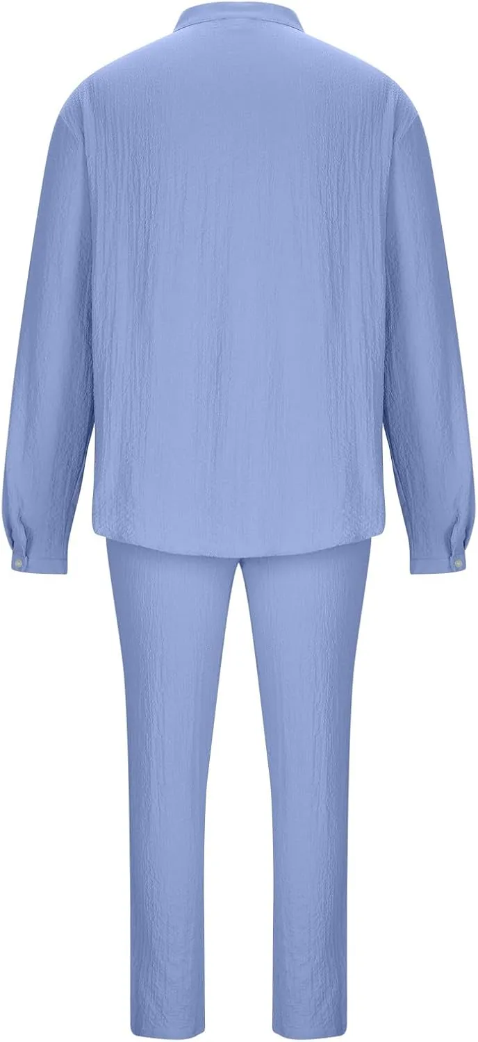 Men's 2 Pieces Cotton Linen Set Casual Long Sleeve Henley Shirts Beach Pants Outfits with Pockets Summer Casual Yoga Suit