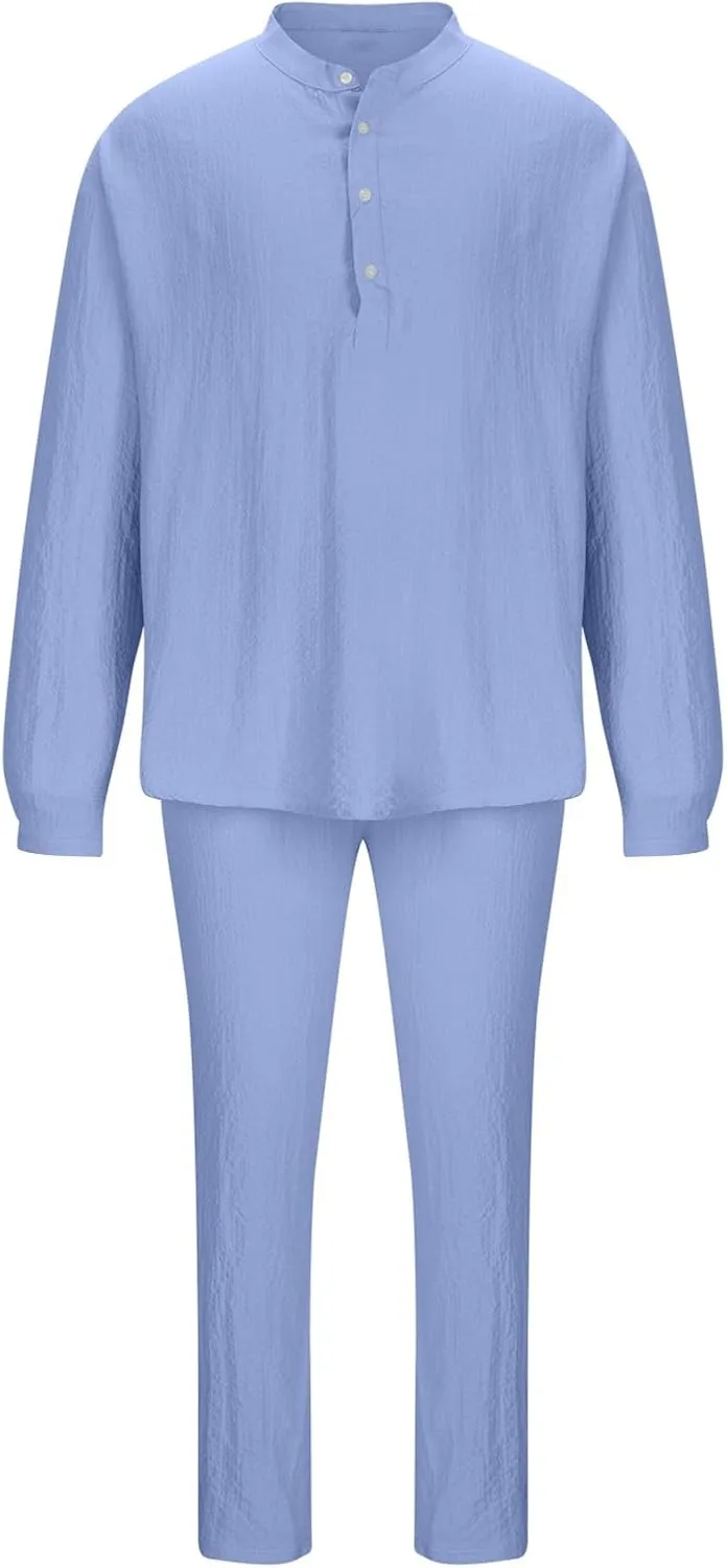 Men's 2 Pieces Cotton Linen Set Casual Long Sleeve Henley Shirts Beach Pants Outfits with Pockets Summer Casual Yoga Suit