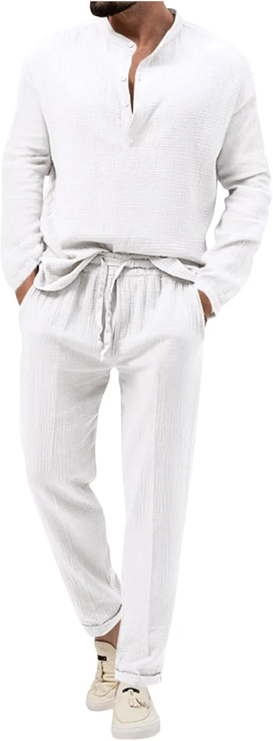 Men's 2 Pieces Cotton Linen Set Casual Long Sleeve Henley Shirts Beach Pants Outfits with Pockets Summer Casual Yoga Suit