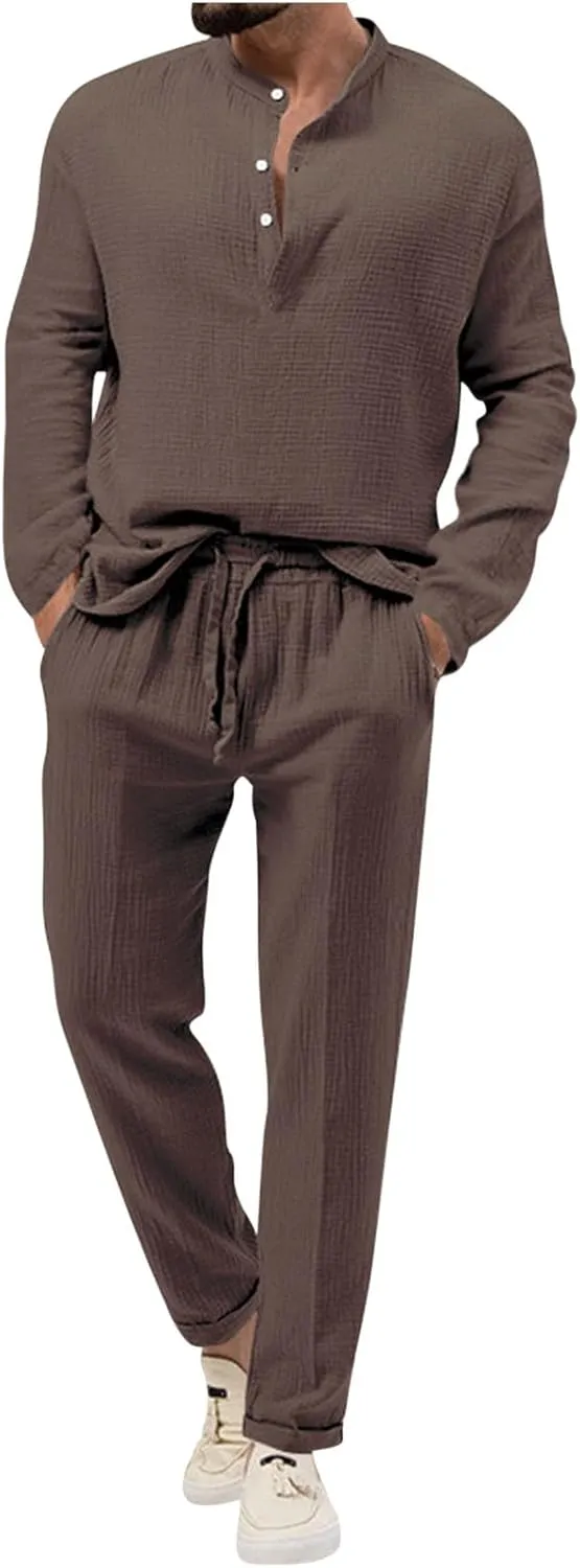 Men's 2 Pieces Cotton Linen Set Casual Long Sleeve Henley Shirts Beach Pants Outfits with Pockets Summer Casual Yoga Suit