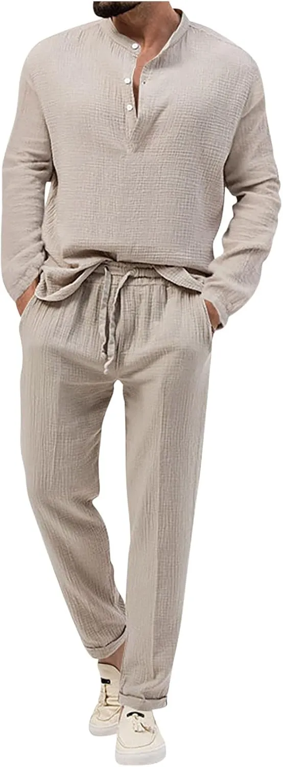 Men's 2 Pieces Cotton Linen Set Casual Long Sleeve Henley Shirts Beach Pants Outfits with Pockets Summer Casual Yoga Suit