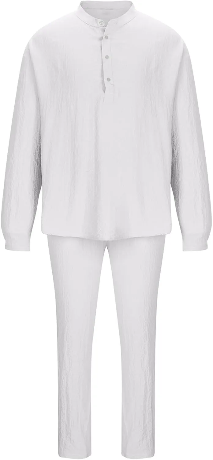 Men's 2 Pieces Cotton Linen Set Casual Long Sleeve Henley Shirts Beach Pants Outfits with Pockets Summer Casual Yoga Suit