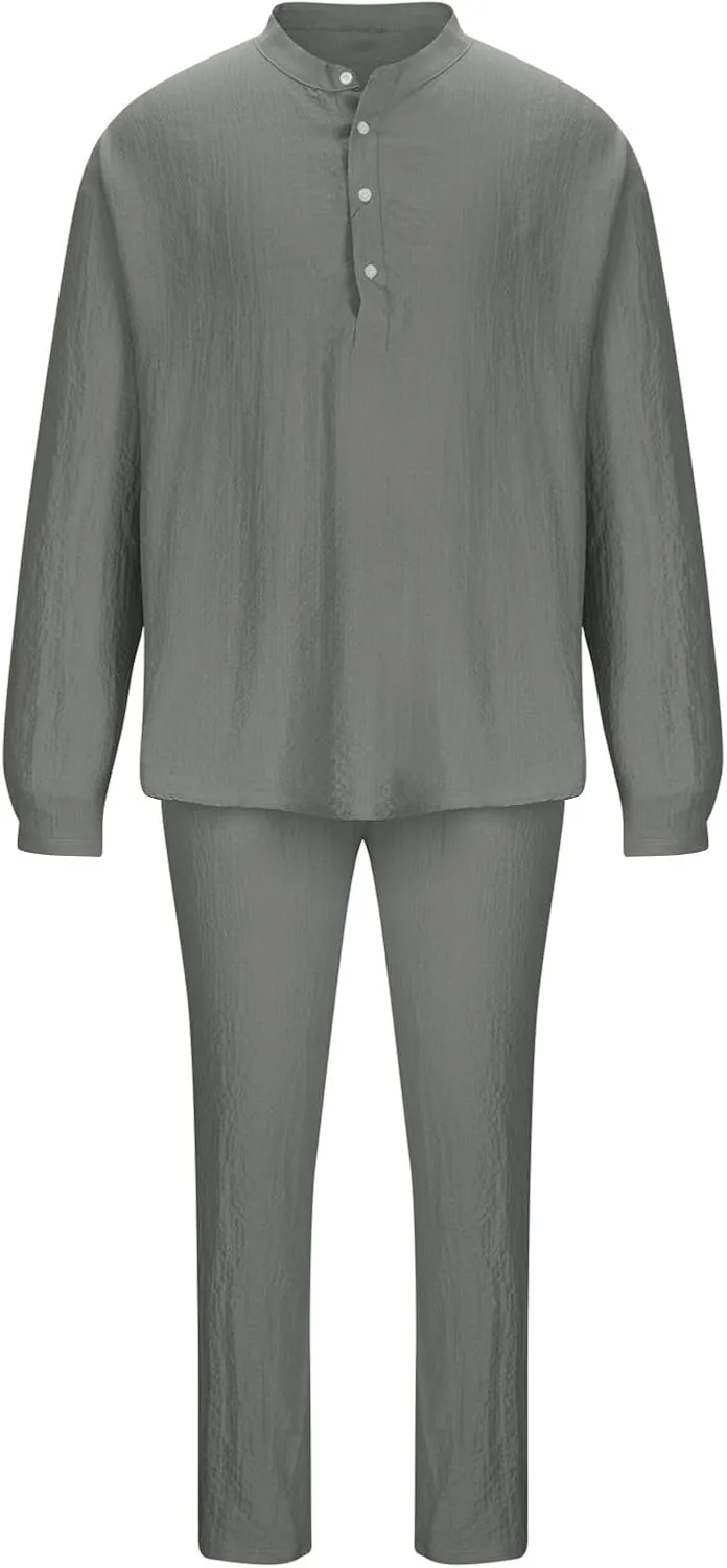 Men's 2 Pieces Cotton Linen Set Casual Long Sleeve Henley Shirts Beach Pants Outfits with Pockets Summer Casual Yoga Suit