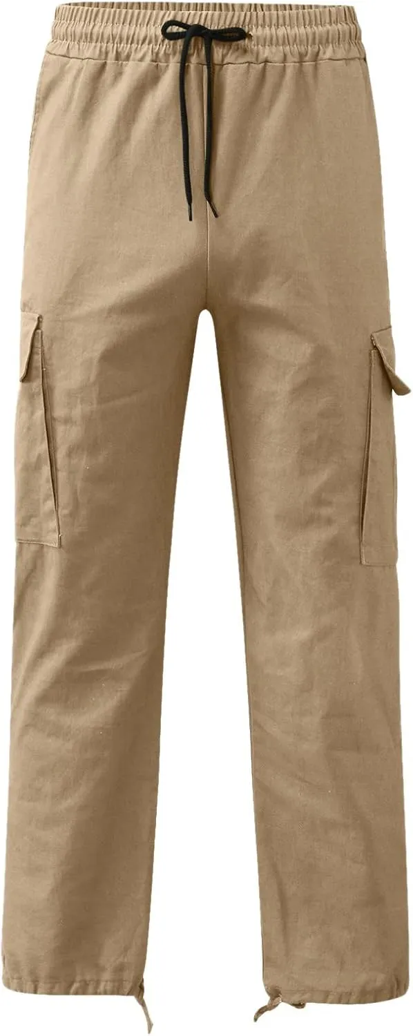 Mens Cargo Pants Drawstring Elastic Waist Wide Leg Pant Loose Fit Pants Trousers Outdoor Hiking Joggers