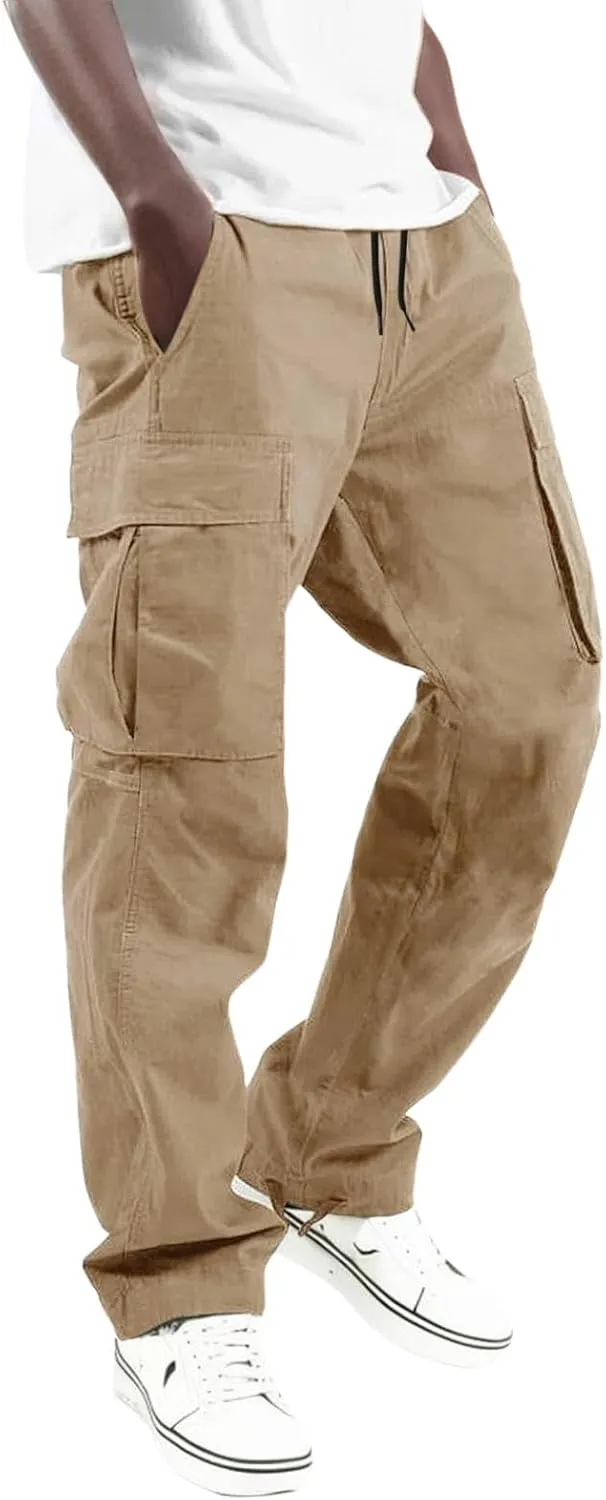 Mens Cargo Pants Drawstring Elastic Waist Wide Leg Pant Loose Fit Pants Trousers Outdoor Hiking Joggers