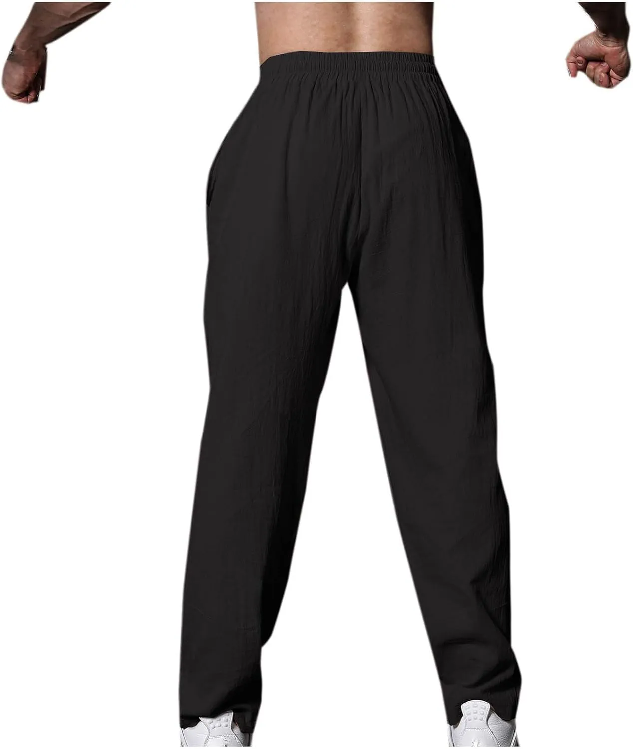Mens Casual Cotton Linen Pants Loose Fit Elastic Drawstring Waist Straight-Legs Spring Summer Yoga Beach Long Pants