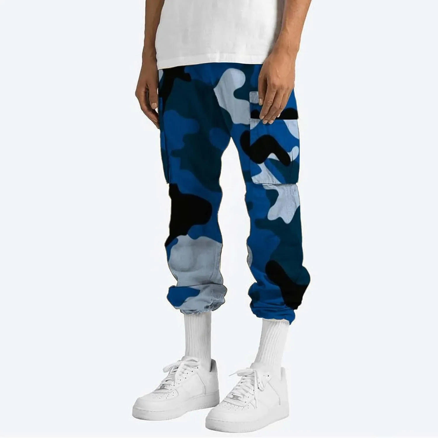 Mens Casual Joggers Pants Men's Winter Street Casual Sports Multi Pocket Up Solid Color Open Bottom Running