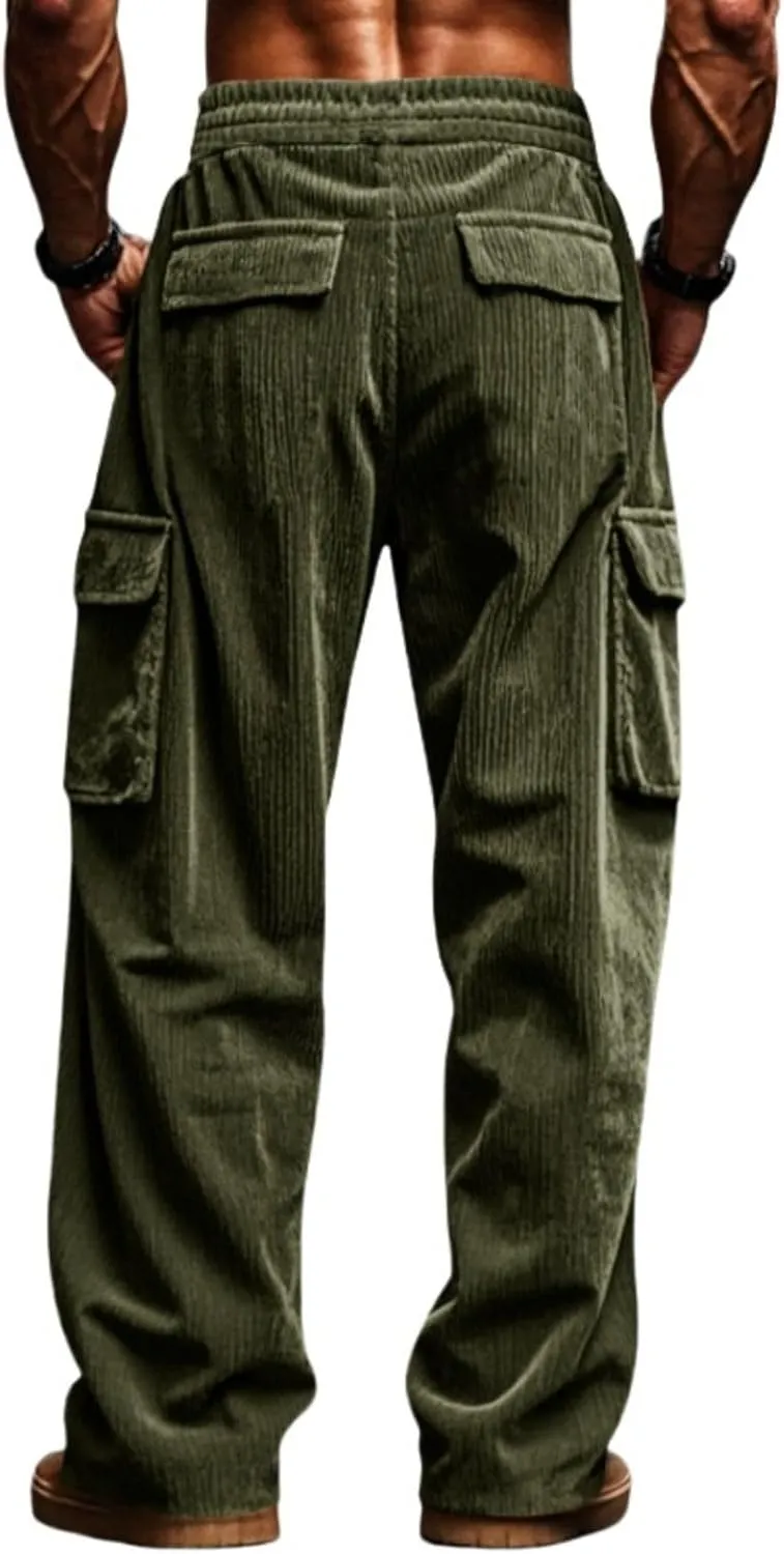 Men's Corduroy Pants Big and Tall Baggy Casual Cargo Pants Drawstring Elastic Waist Straight Leg Sweatpants Trousers