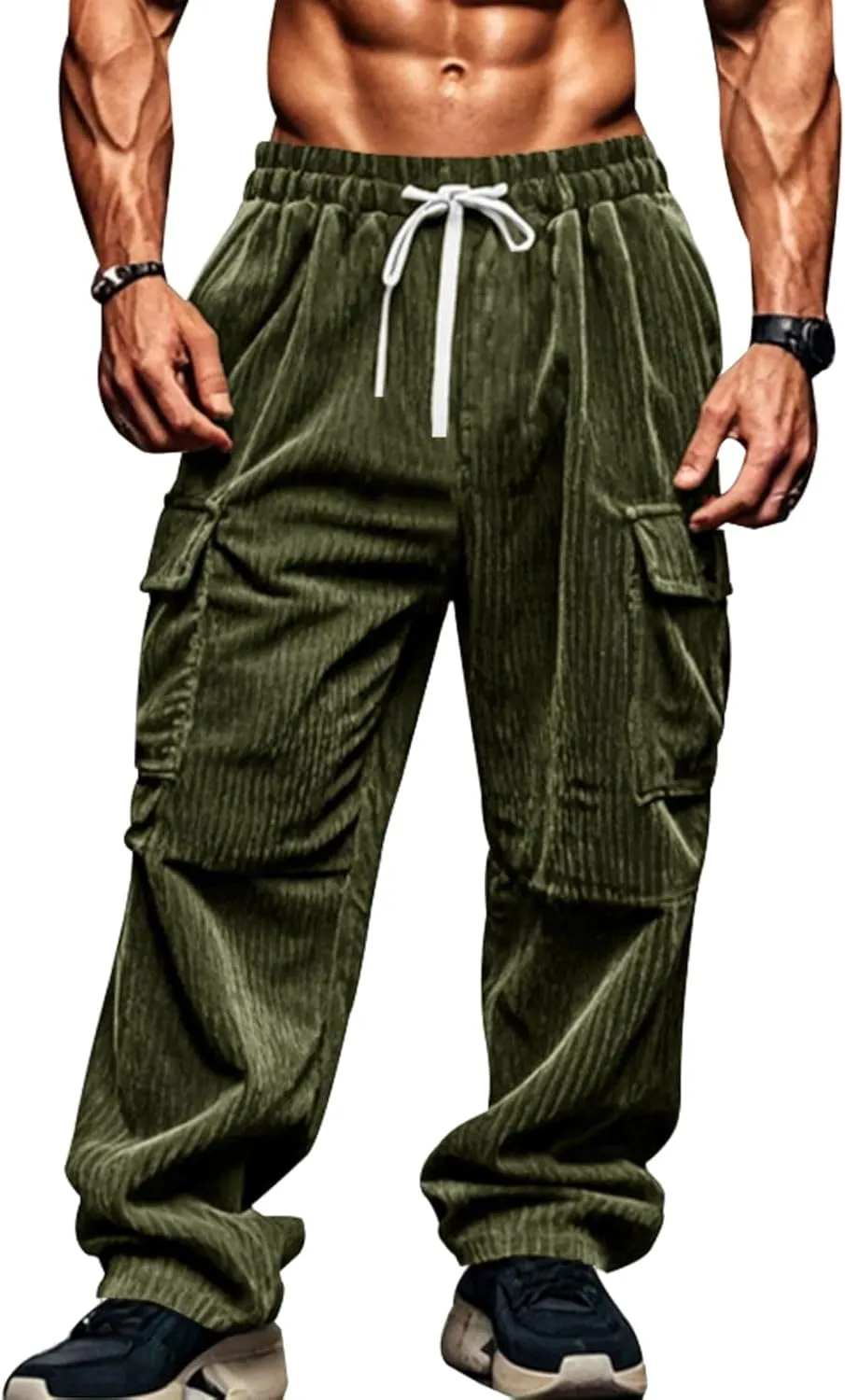 Men's Corduroy Pants Big and Tall Baggy Casual Cargo Pants Drawstring Elastic Waist Straight Leg Sweatpants Trousers