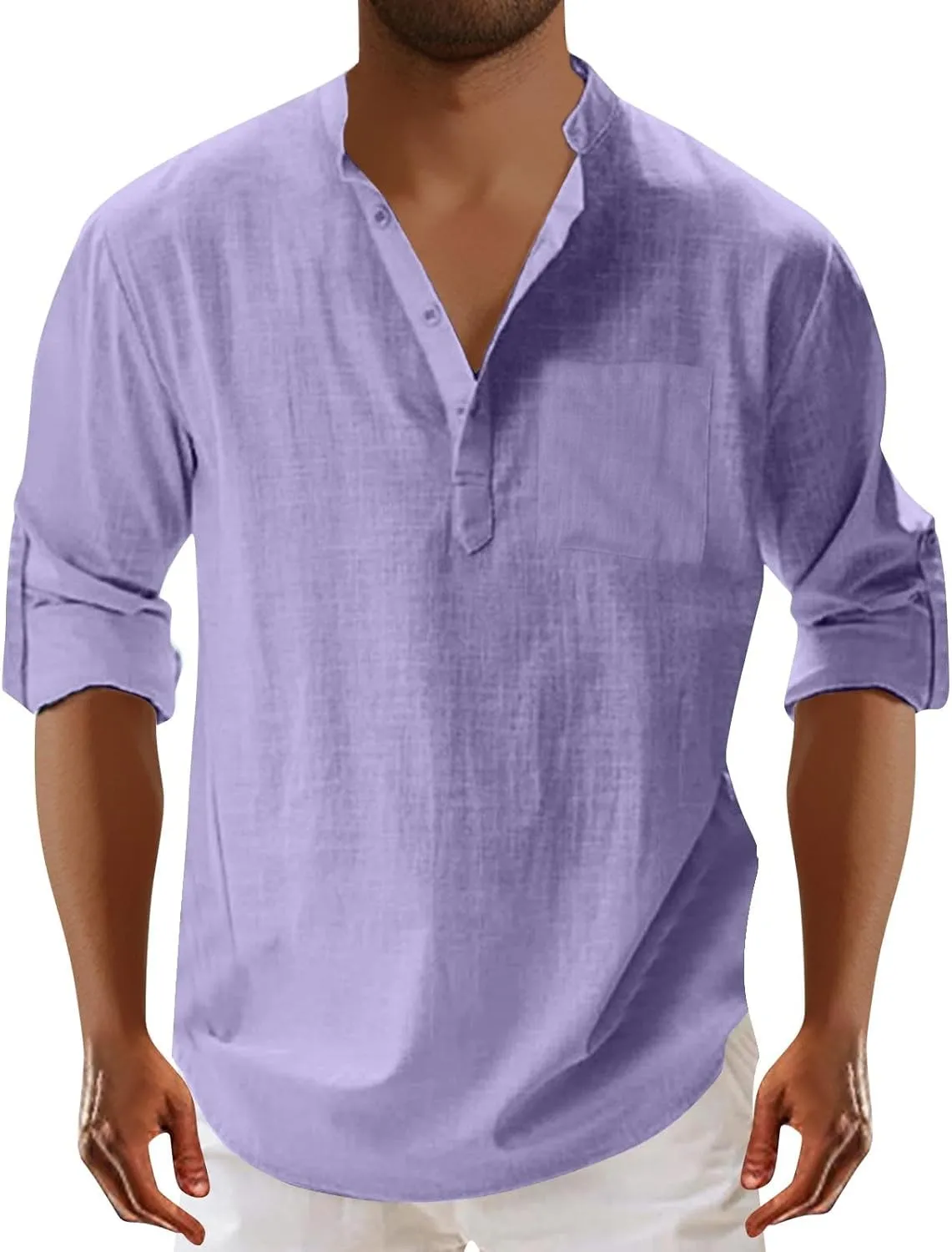 Mens Cotton Linen Shirts Casual Banded Collar Button Down Shirts Long Sleeve Casual Henley Shirt Summer Beach Tops