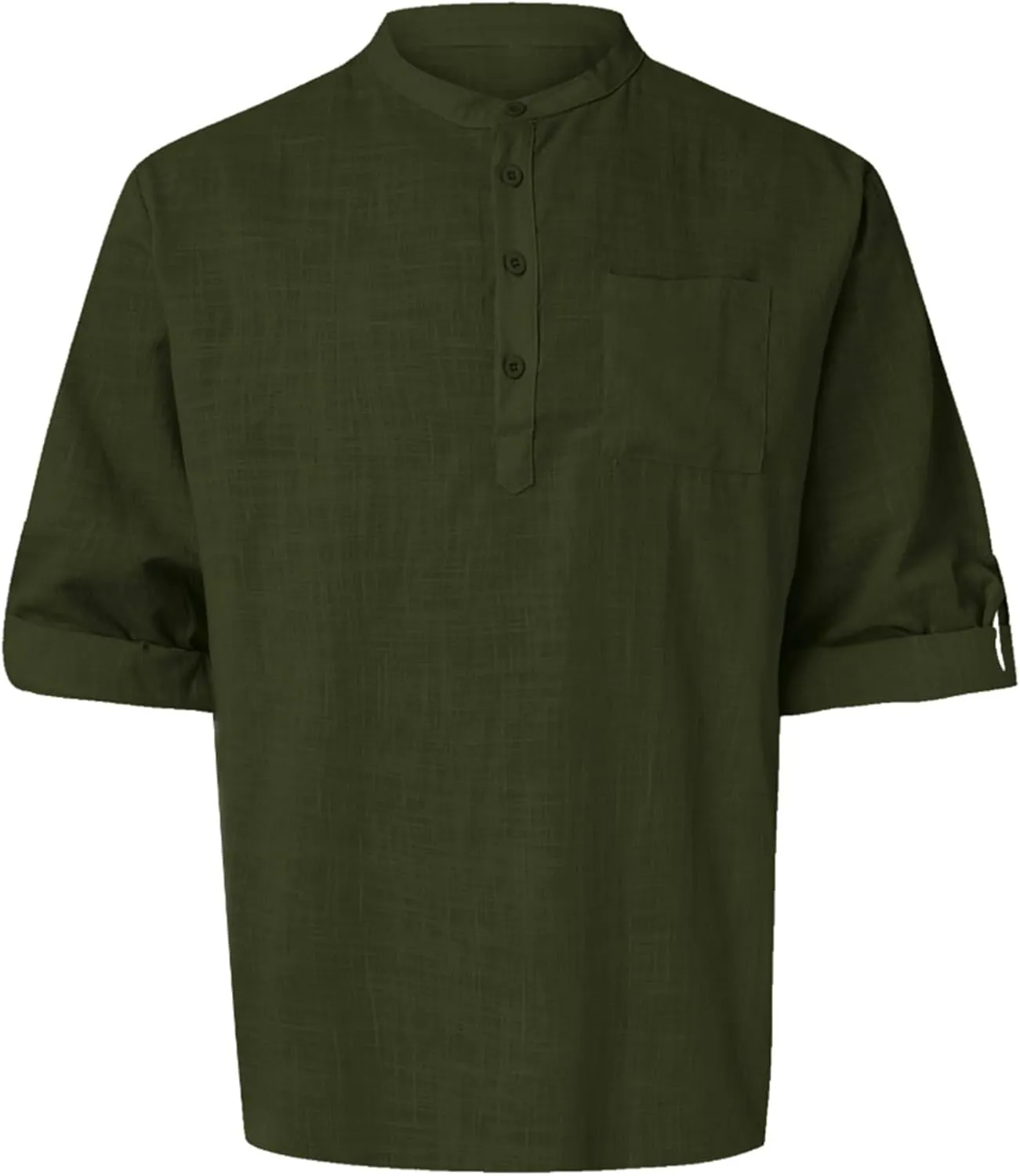 Mens Cotton Linen Shirts Casual Banded Collar Button Down Shirts Long Sleeve Casual Henley Shirt Summer Beach Tops