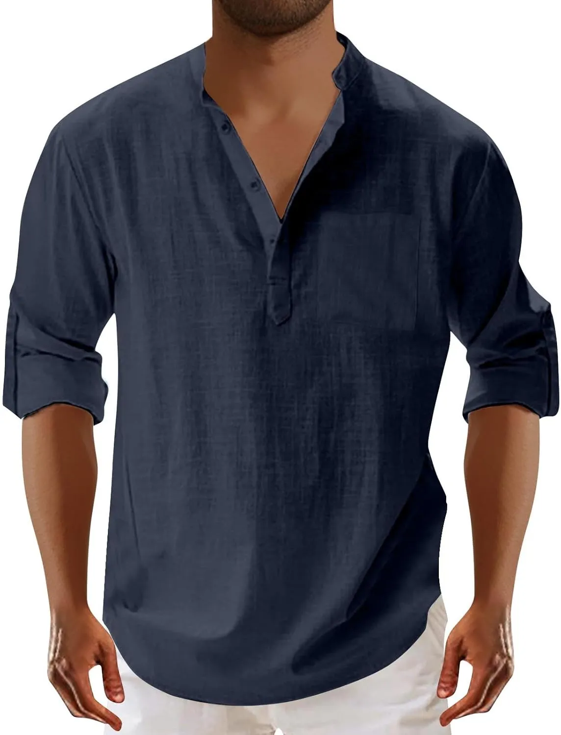 Mens Cotton Linen Shirts Casual Banded Collar Button Down Shirts Long Sleeve Casual Henley Shirt Summer Beach Tops