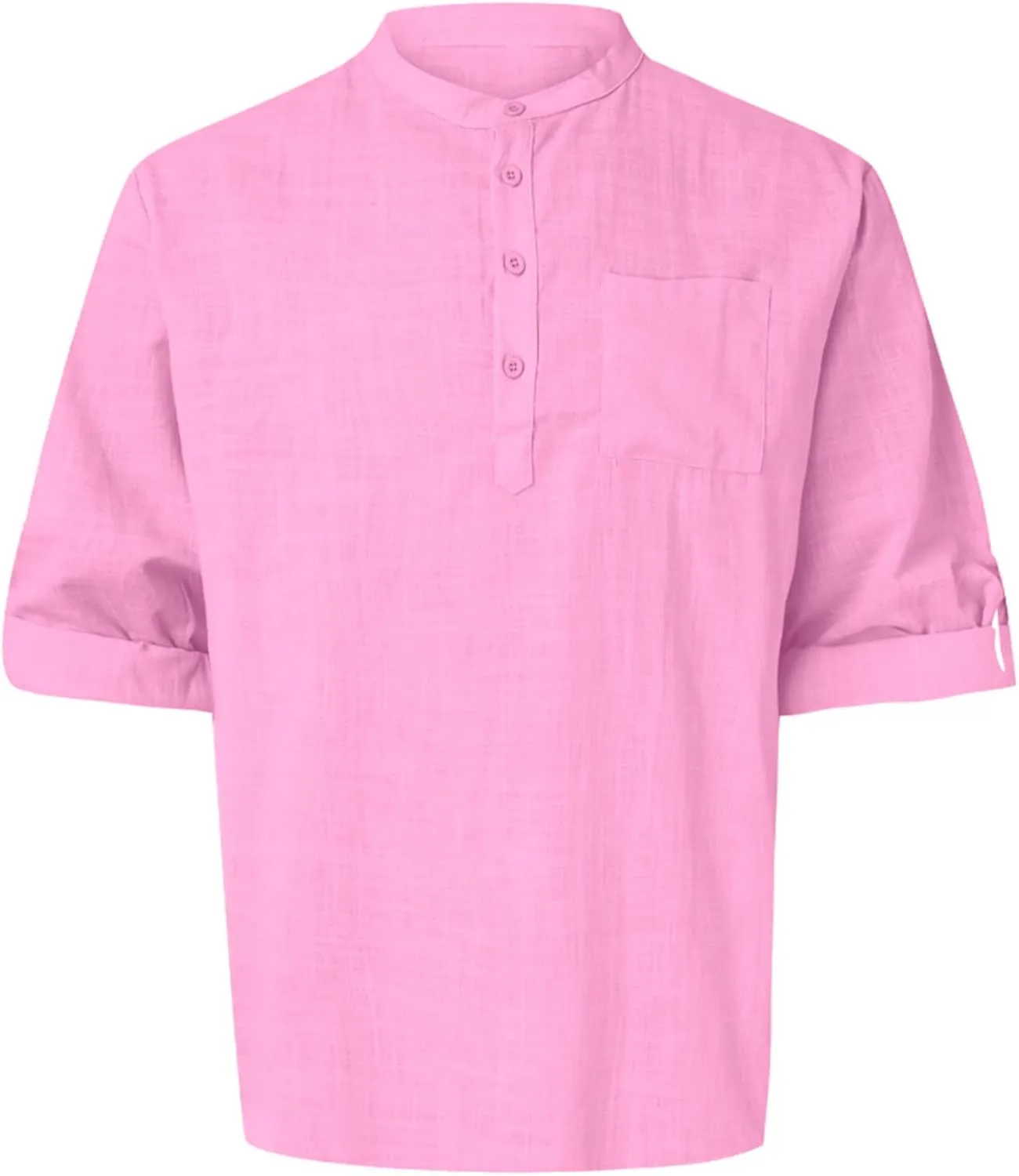 Mens Cotton Linen Shirts Casual Banded Collar Button Down Shirts Long Sleeve Casual Henley Shirt Summer Beach Tops