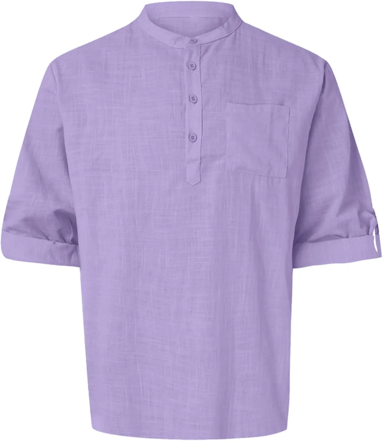 Mens Cotton Linen Shirts Casual Banded Collar Button Down Shirts Long Sleeve Casual Henley Shirt Summer Beach Tops
