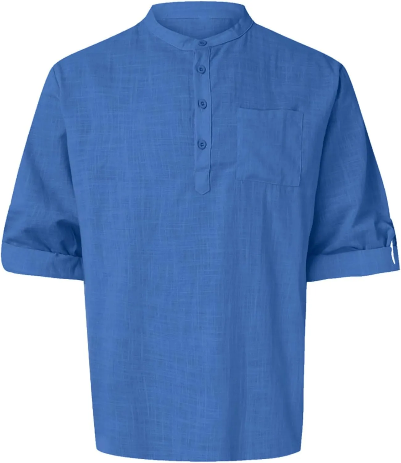 Mens Cotton Linen Shirts Casual Banded Collar Button Down Shirts Long Sleeve Casual Henley Shirt Summer Beach Tops