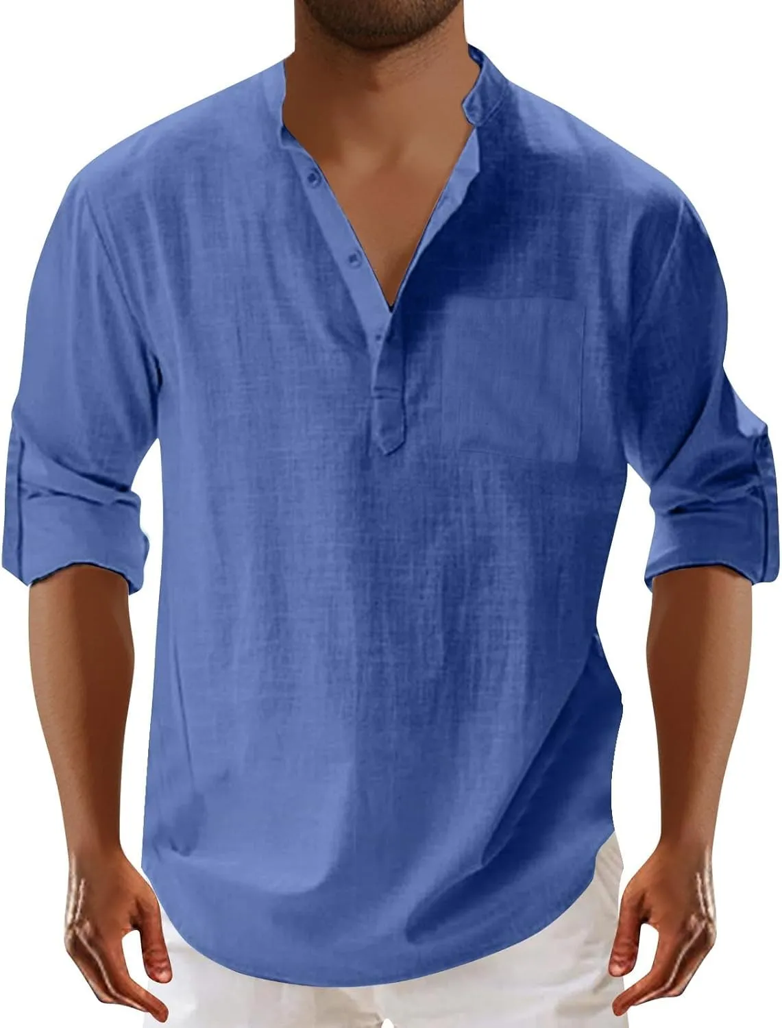 Mens Cotton Linen Shirts Casual Banded Collar Button Down Shirts Long Sleeve Casual Henley Shirt Summer Beach Tops