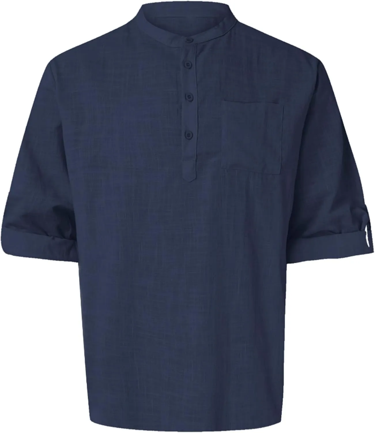 Mens Cotton Linen Shirts Casual Banded Collar Button Down Shirts Long Sleeve Casual Henley Shirt Summer Beach Tops