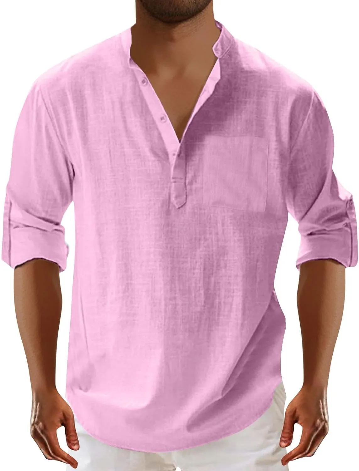 Mens Cotton Linen Shirts Casual Banded Collar Button Down Shirts Long Sleeve Casual Henley Shirt Summer Beach Tops