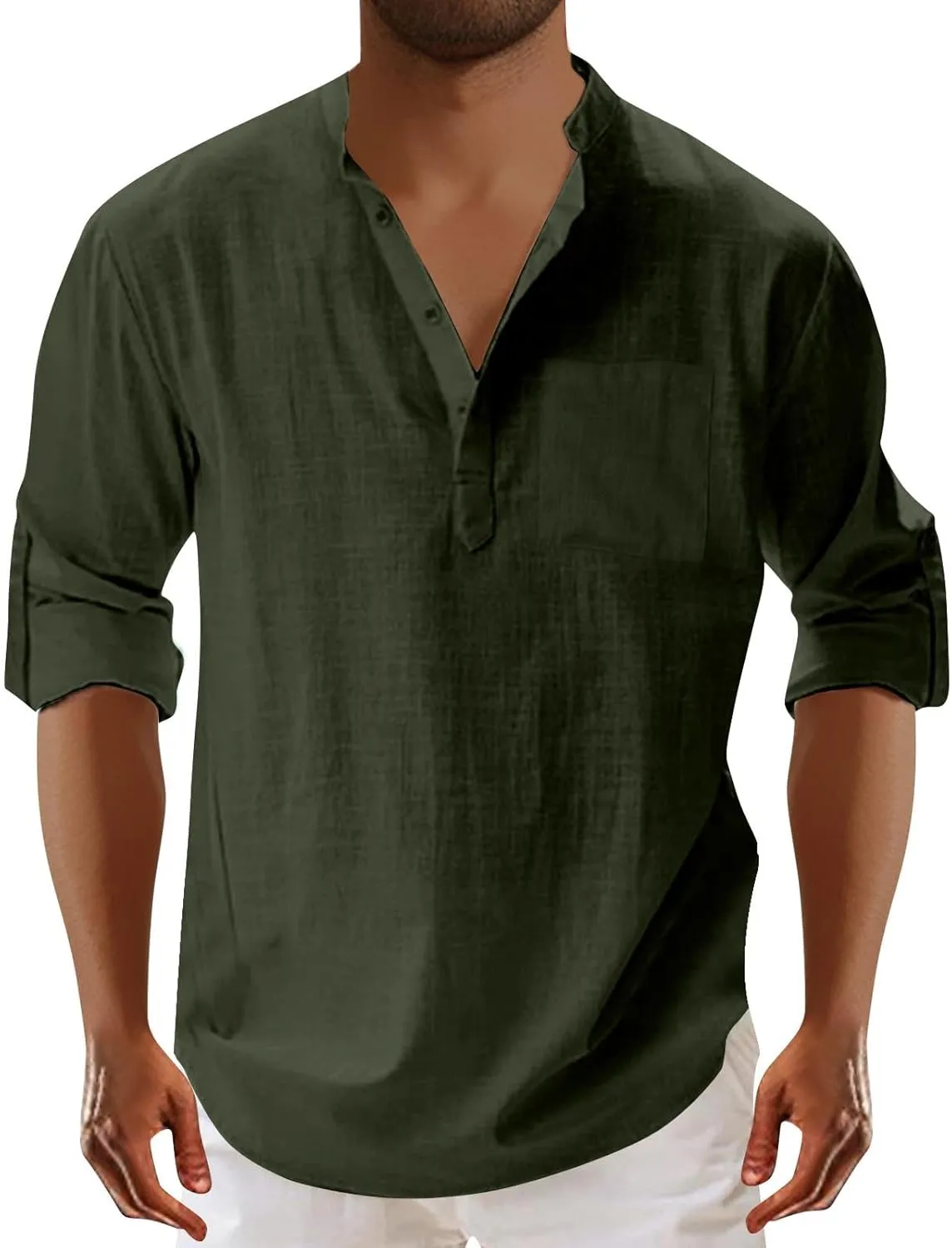 Mens Cotton Linen Shirts Casual Banded Collar Button Down Shirts Long Sleeve Casual Henley Shirt Summer Beach Tops