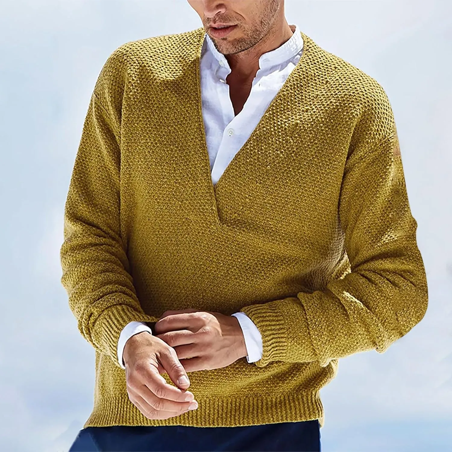 Men's Fashion V-Neck Warm Outdoor Long Sleeve Knitted Sweater Top Lightweight Pullover Knitted Fall Winter Sweaters