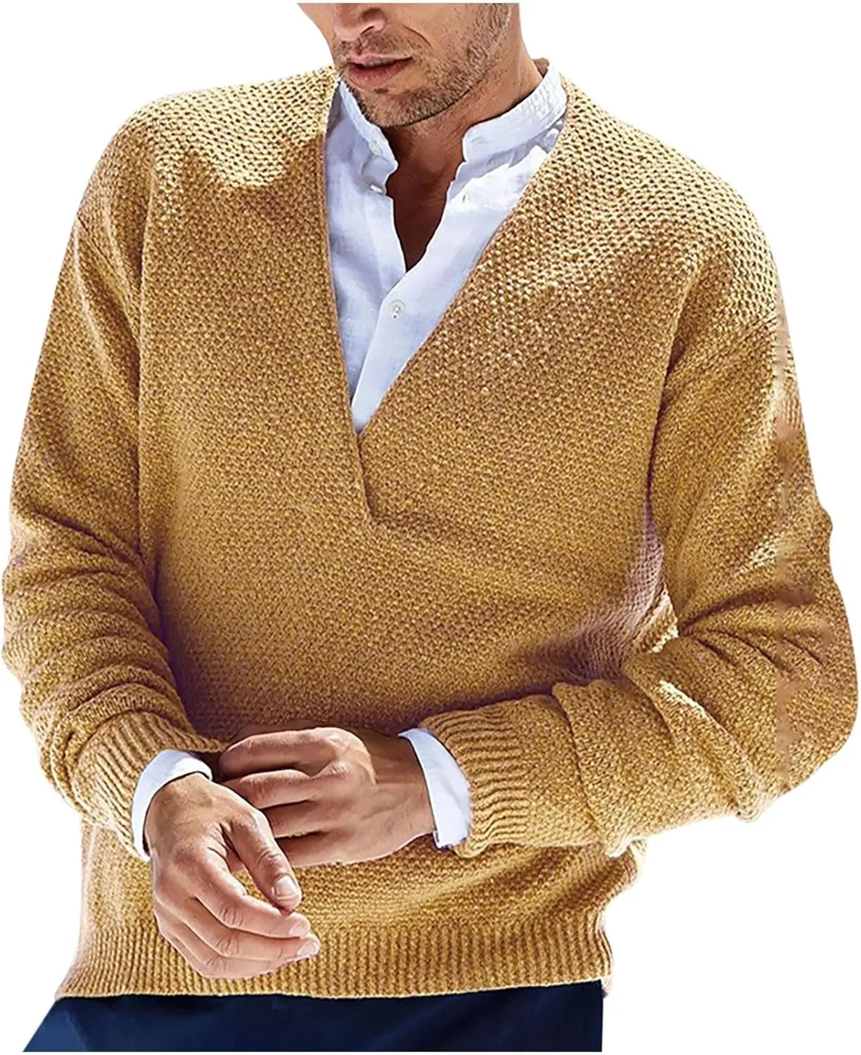 Men's Fashion V-Neck Warm Outdoor Long Sleeve Knitted Sweater Top Lightweight Pullover Knitted Fall Winter Sweaters