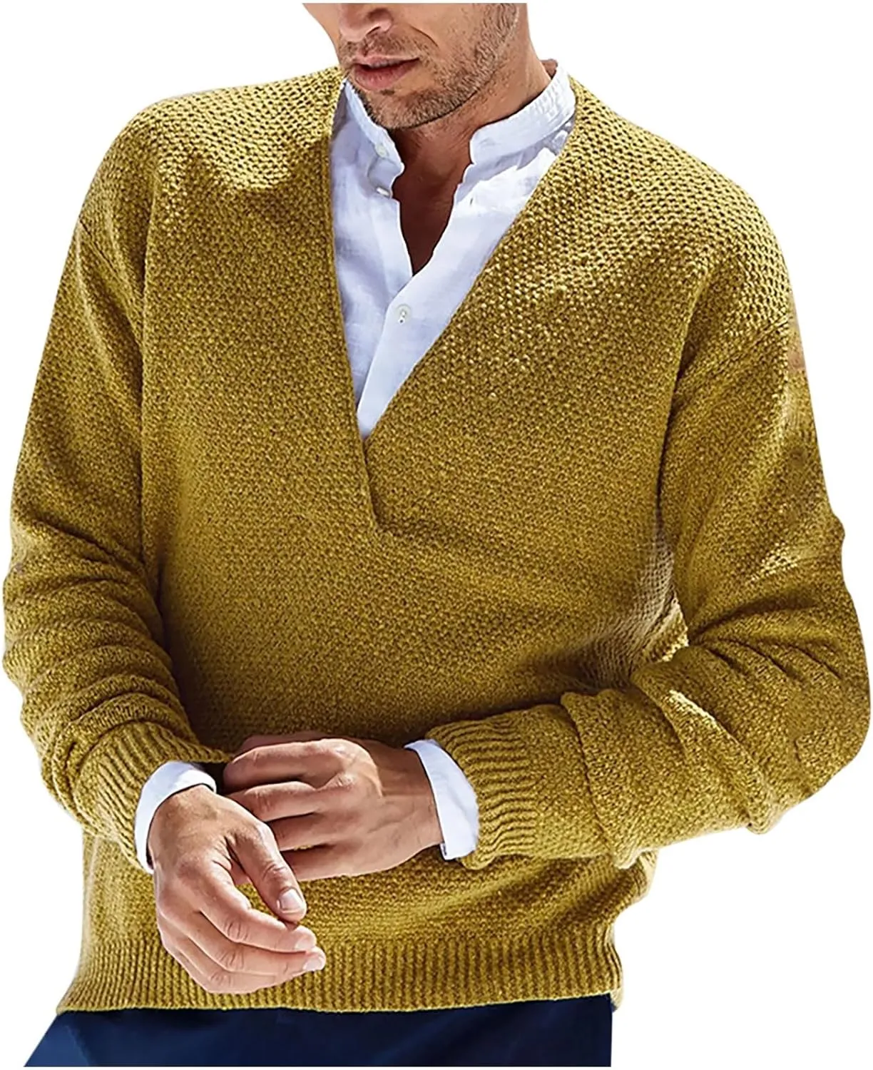 Men's Fashion V-Neck Warm Outdoor Long Sleeve Knitted Sweater Top Lightweight Pullover Knitted Fall Winter Sweaters