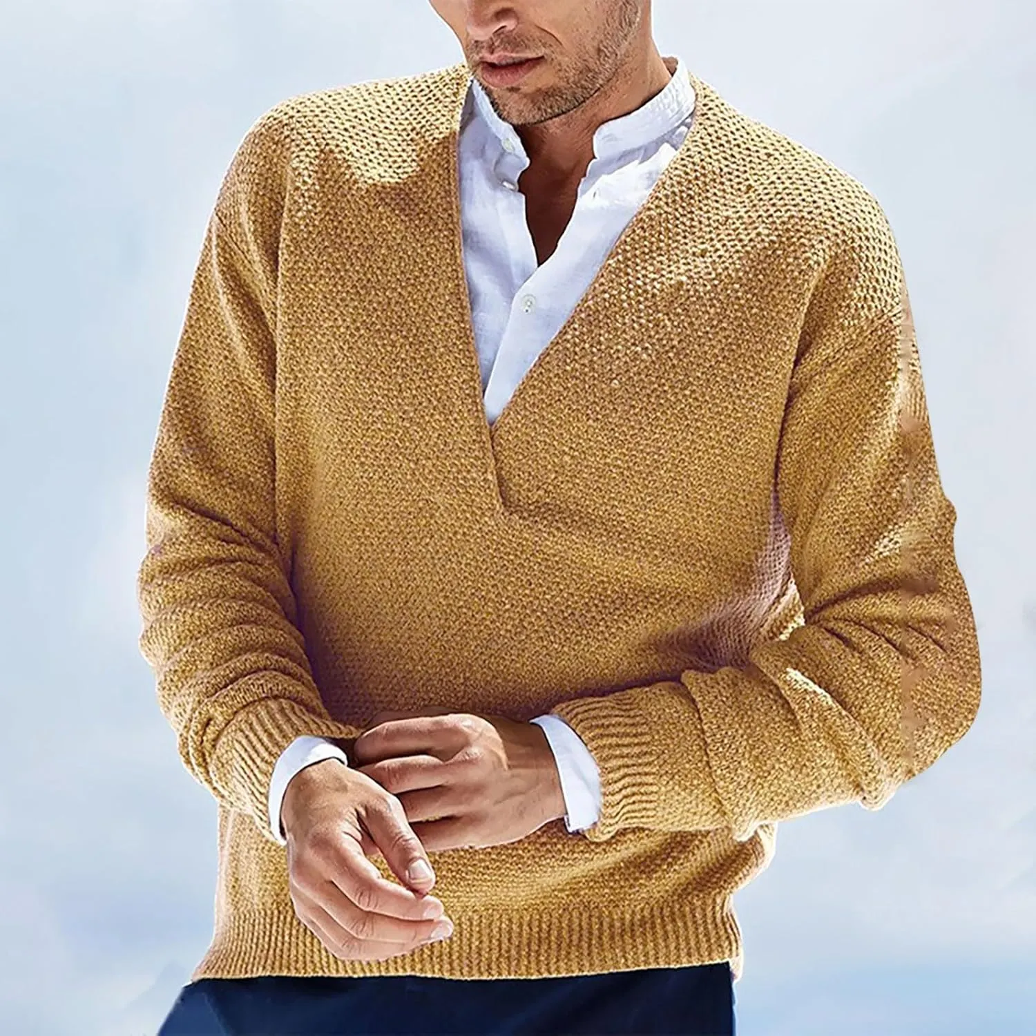 Men's Fashion V-Neck Warm Outdoor Long Sleeve Knitted Sweater Top Lightweight Pullover Knitted Fall Winter Sweaters
