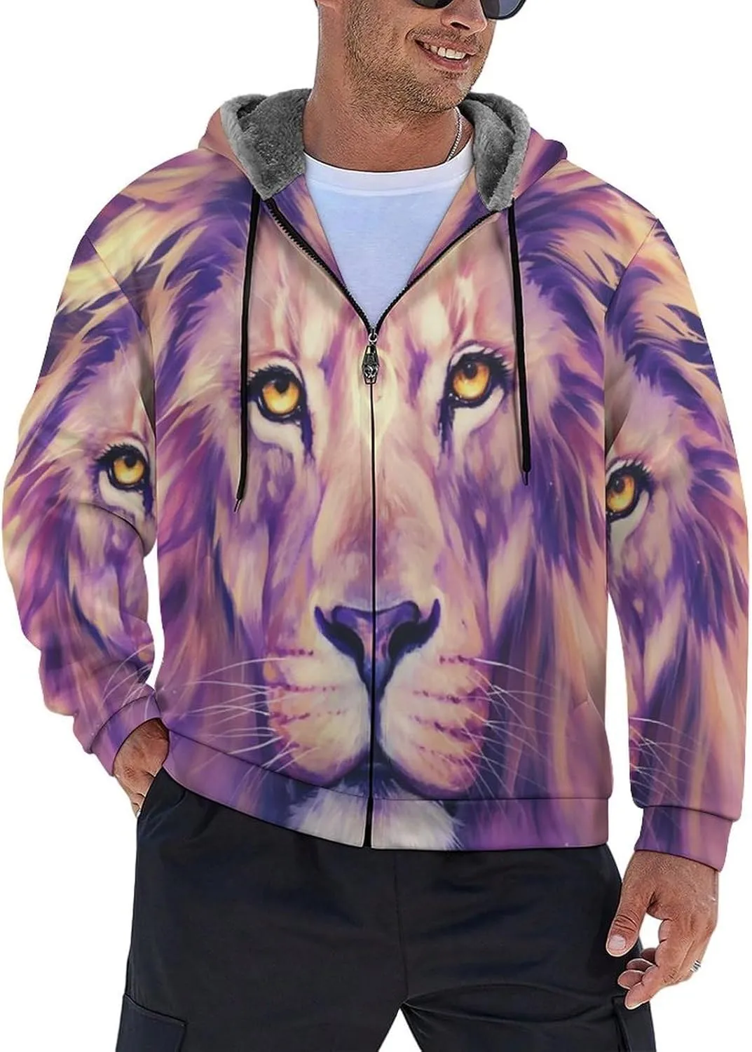 Men'S Fleece Jackets Zip Up Hoodies, Winter Purple Lion Jackets, Windproof Work Hoodie With Pockets, Windbreakers W