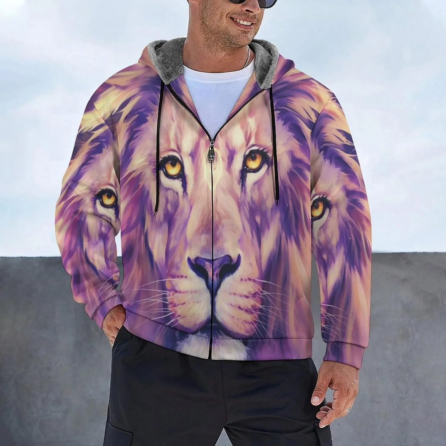 Men'S Fleece Jackets Zip Up Hoodies, Winter Purple Lion Jackets, Windproof Work Hoodie With Pockets, Windbreakers W