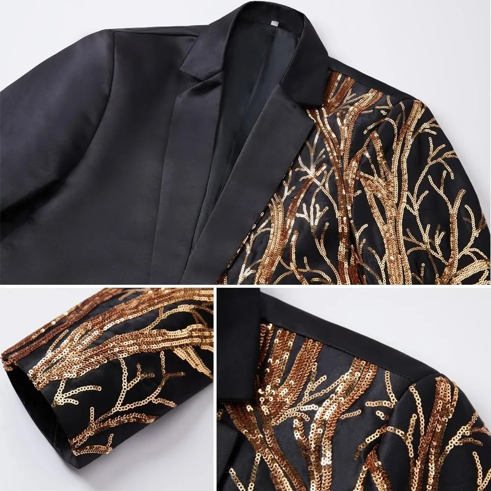 Mens Gold Sequins Slim Fit Black Blazers Hip Hop Stage Singers Prom Dress Suit Jacket Party Jacket Men