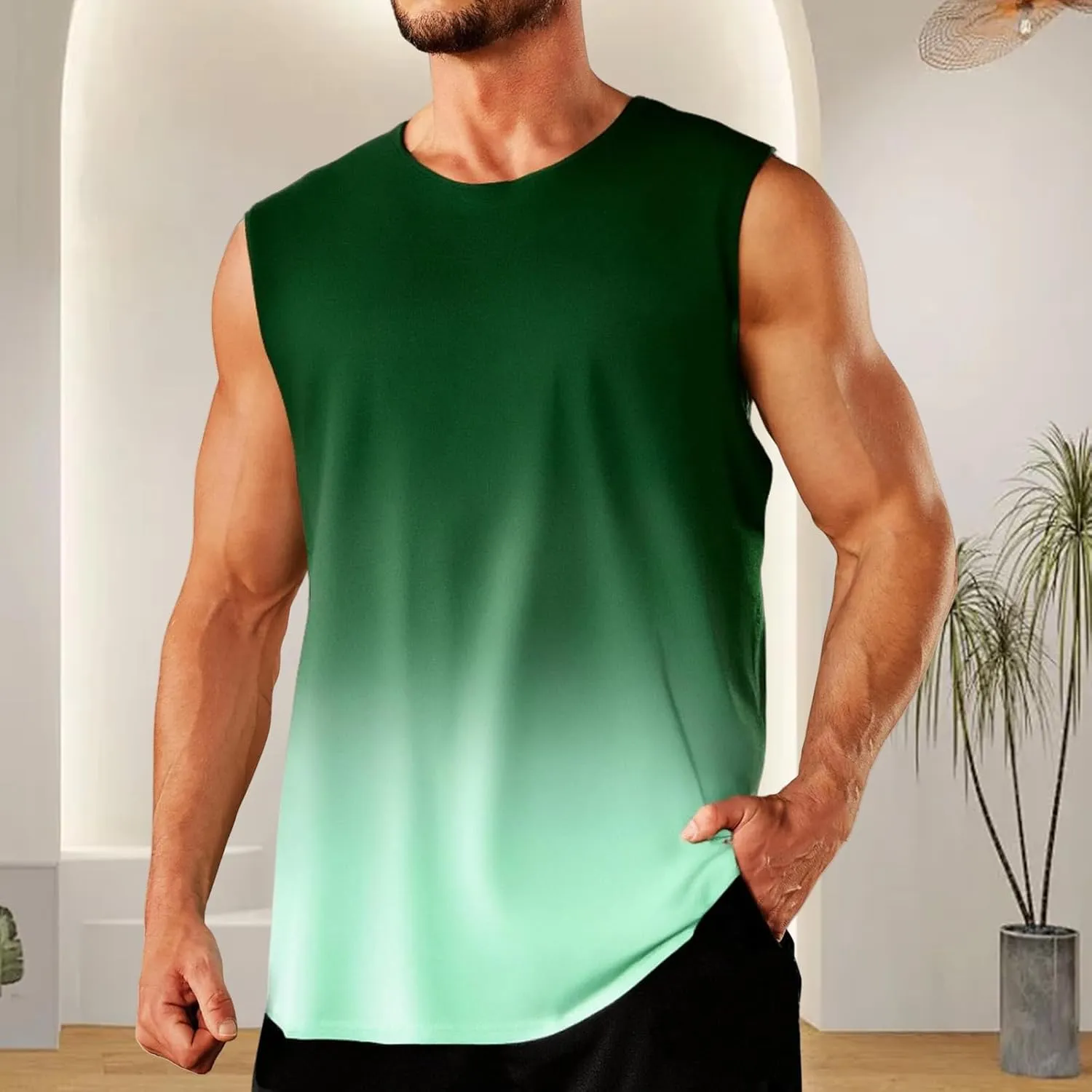 Men's Gym Muscle Tank Tops Gradient Sleeveless Quick Dry Tees Regular Fit Workout Tee Summer Beach Vacation Shirts