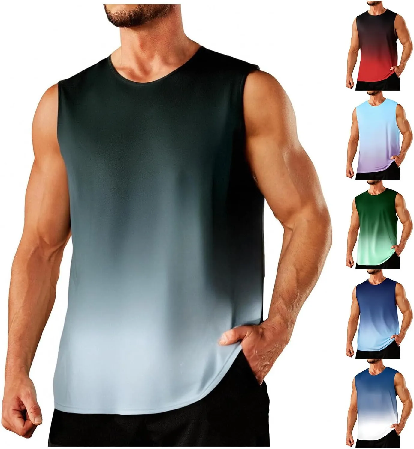 Men's Gym Muscle Tank Tops Gradient Sleeveless Quick Dry Tees Regular Fit Workout Tee Summer Beach Vacation Shirts