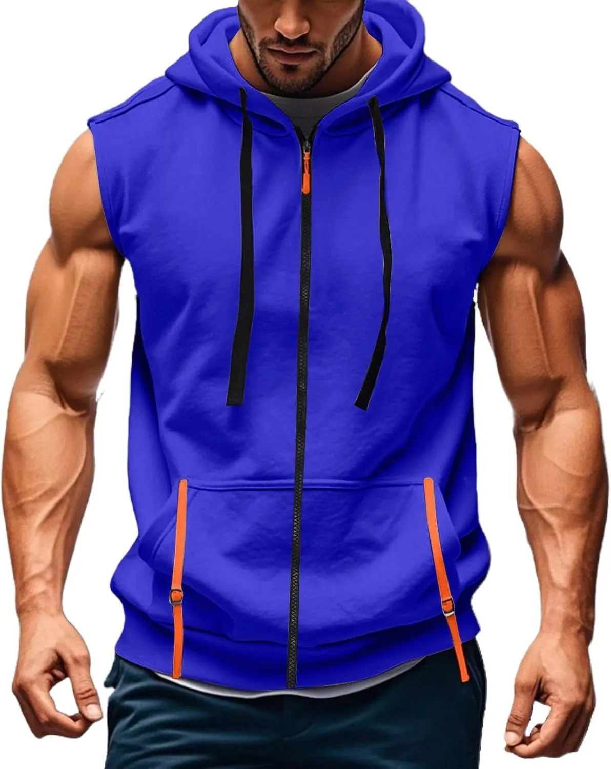 Mens Gym Top Streetwear Full Zip Hoodies Fashion Casual Muscle Fit Hooded Jacket for Basketball Workout Outdoor Cargo Vest Sweatshirt with Kangaroos Pockets