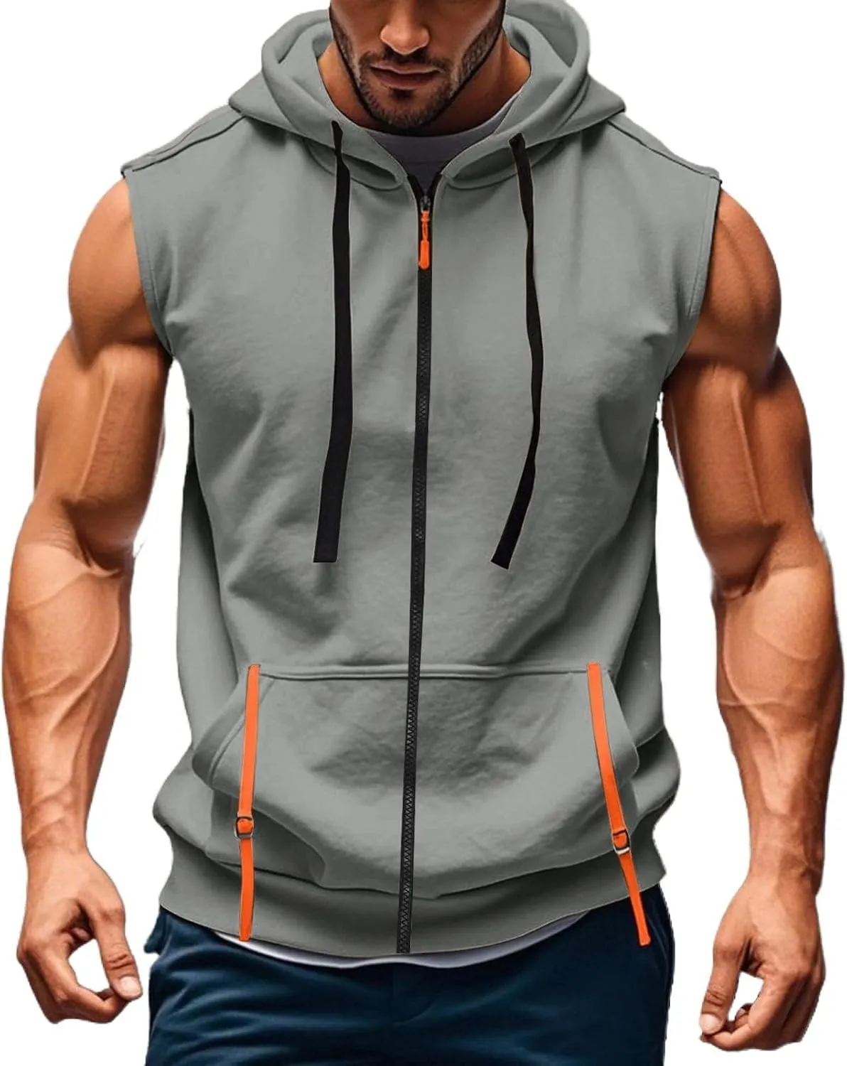 Mens Gym Top Streetwear Full Zip Hoodies Fashion Casual Muscle Fit Hooded Jacket for Basketball Workout Outdoor Cargo Vest Sweatshirt with Kangaroos Pockets