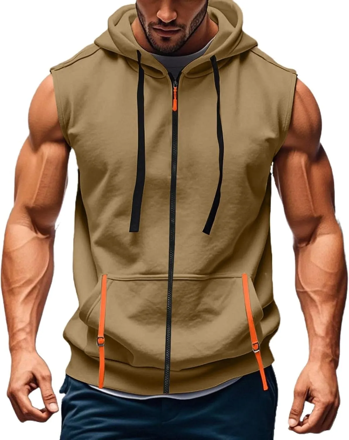 Mens Gym Top Streetwear Full Zip Hoodies Fashion Casual Muscle Fit Hooded Jacket for Basketball Workout Outdoor Cargo Vest Sweatshirt with Kangaroos Pockets