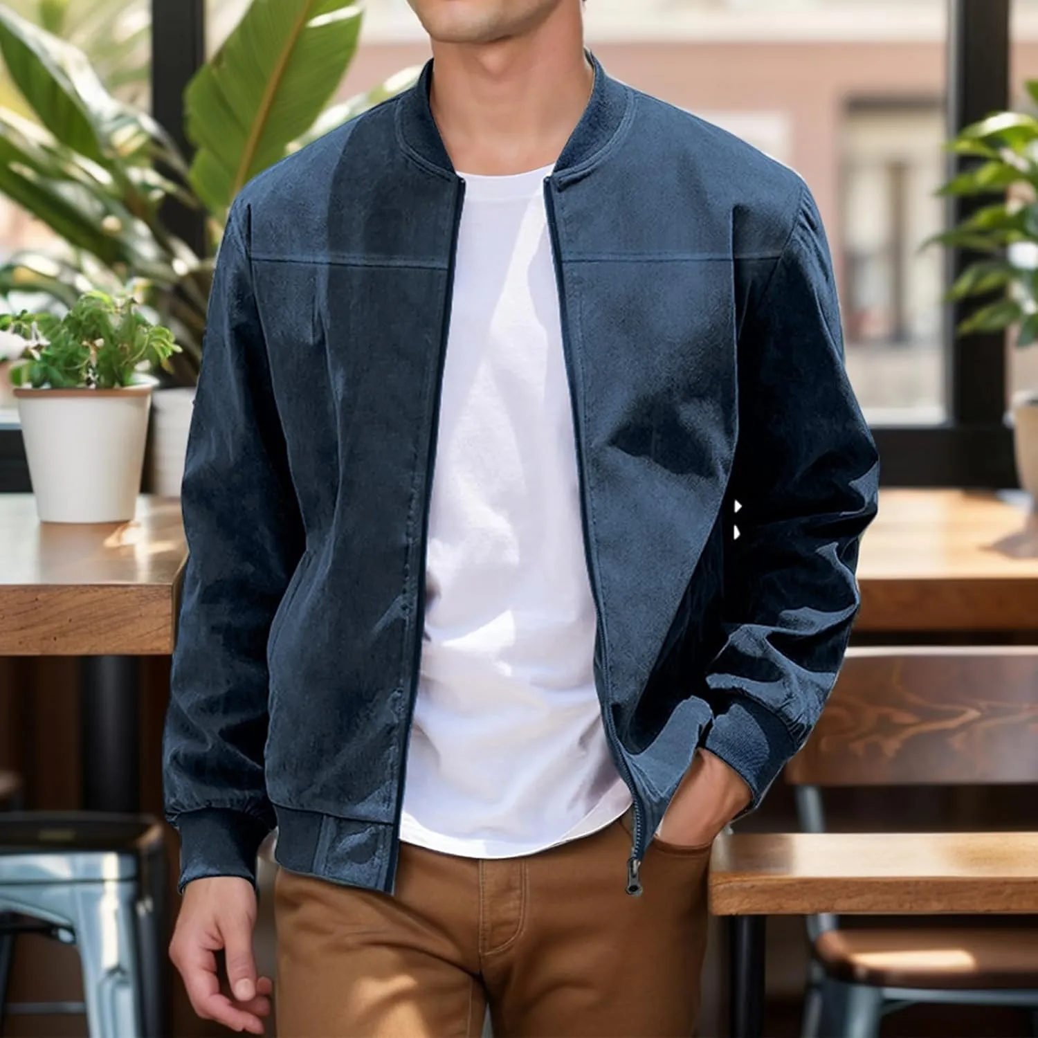 Mens Lightweight Jacket Vintage Faux Suede Trucker Bomber Jackets Casual Zipper Stand Collar Cardigans Fashion Coat