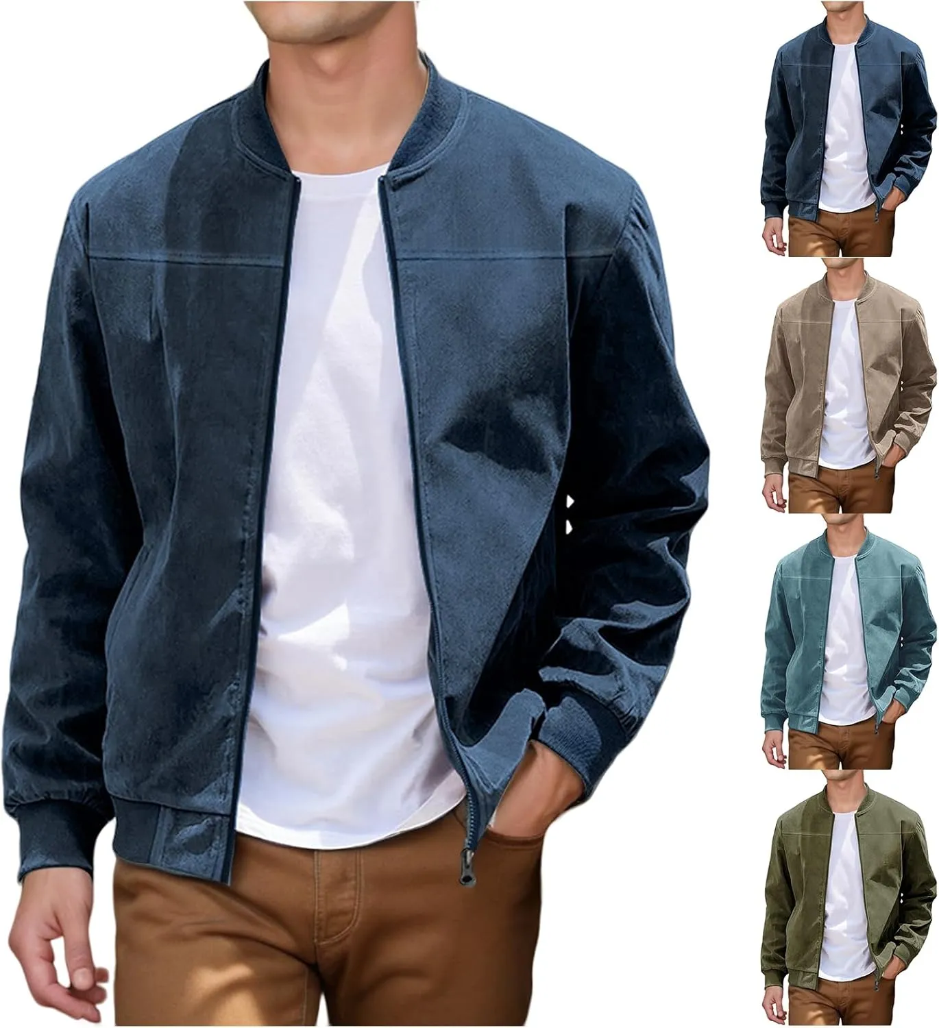 Mens Lightweight Jacket Vintage Faux Suede Trucker Bomber Jackets Casual Zipper Stand Collar Cardigans Fashion Coat