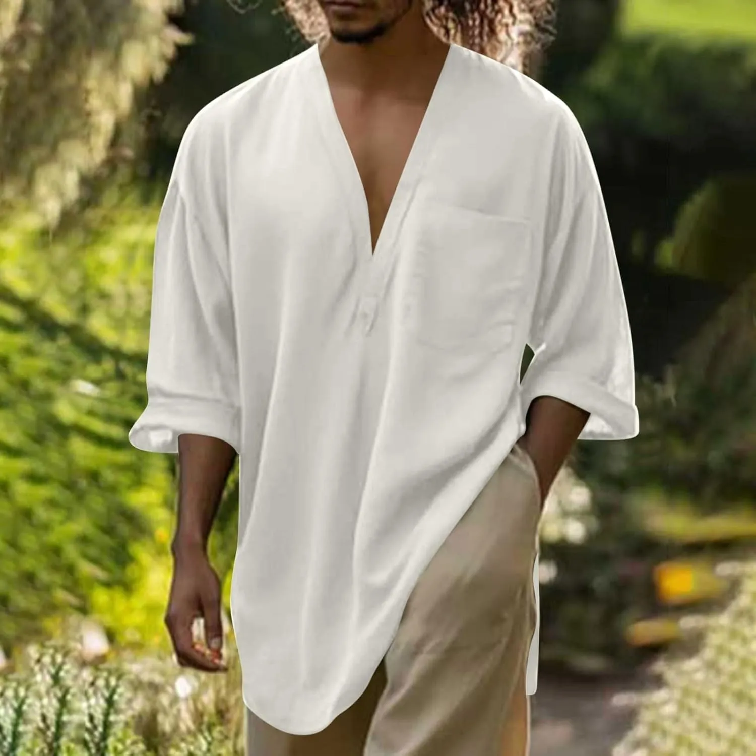 Mens Linen Shirt, Summer Lightweight Short Sleeve V-Neck Beach Yoga Top Casual Baggy Hippie Henley T Shirts Blouse