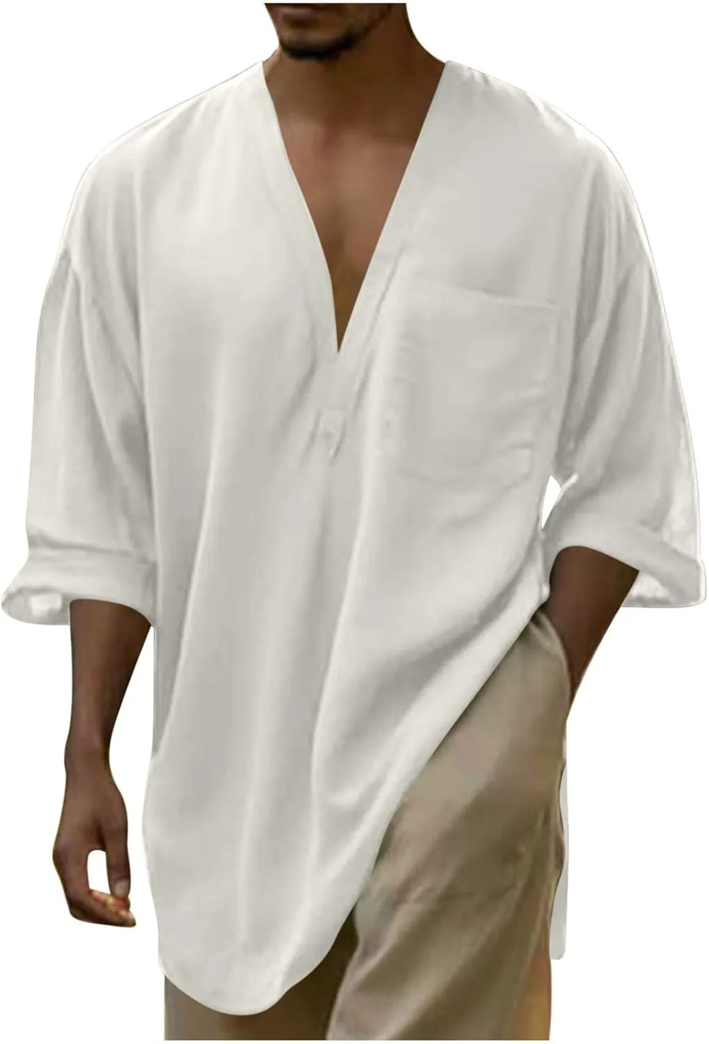 Mens Linen Shirt, Summer Lightweight Short Sleeve V-Neck Beach Yoga Top Casual Baggy Hippie Henley T Shirts Blouse