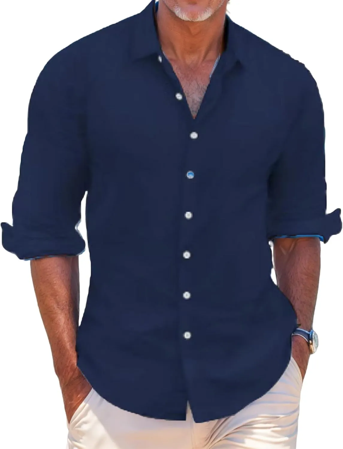 Men's Linen Shirts Casual Long Sleeve T-Shirt Button Down Summer Beach Vacation Hawaiian Shirts for Men