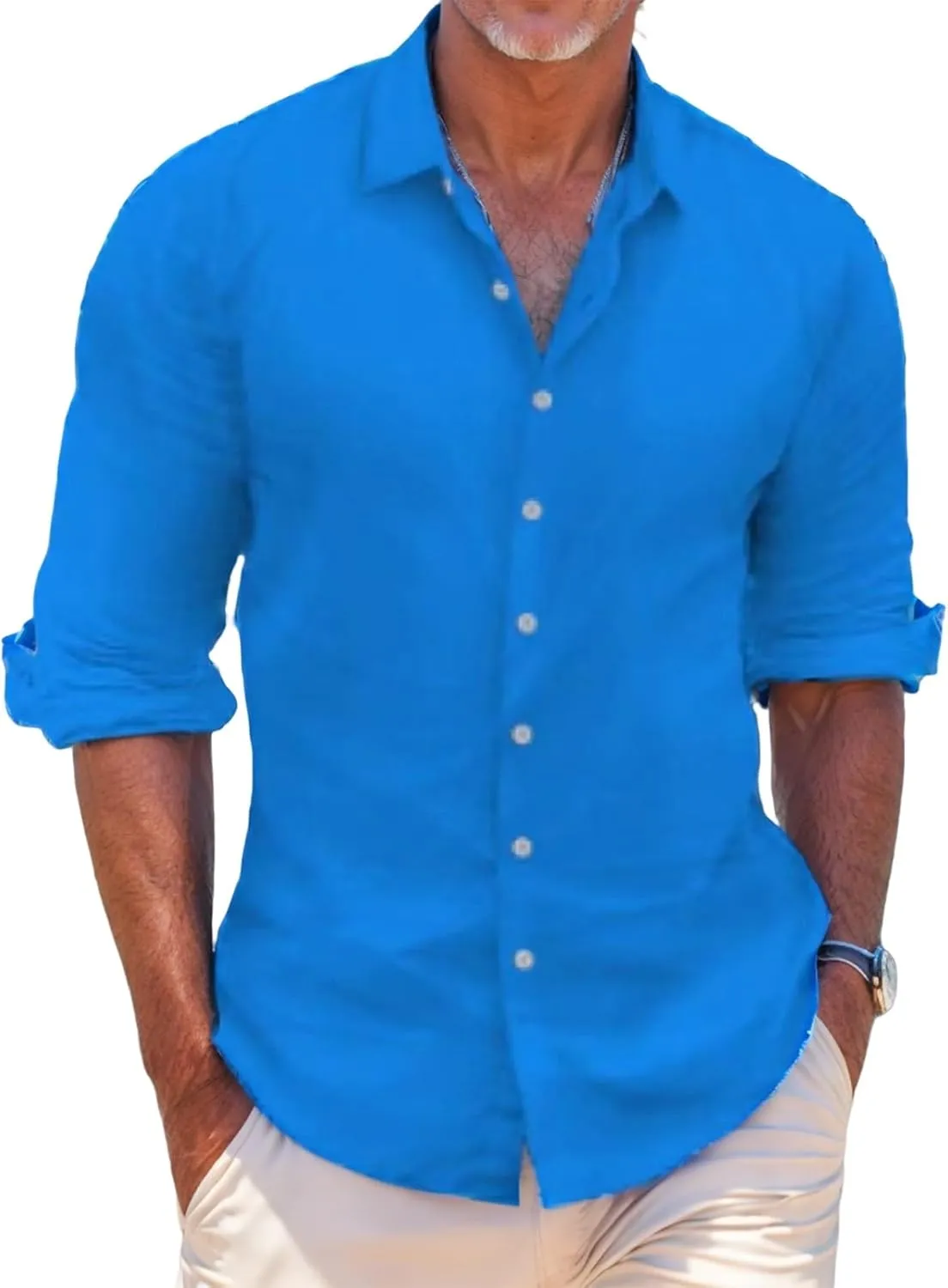Men's Linen Shirts Casual Long Sleeve T-Shirt Button Down Summer Beach Vacation Hawaiian Shirts for Men