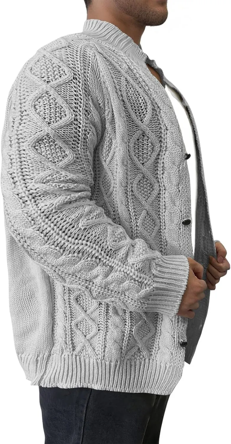 Mens Long Sleeve Stand Collar Cardigan Sweaters Button Down Cable Knitted Sweater Solid Wool Knitted Sweater Cardigan