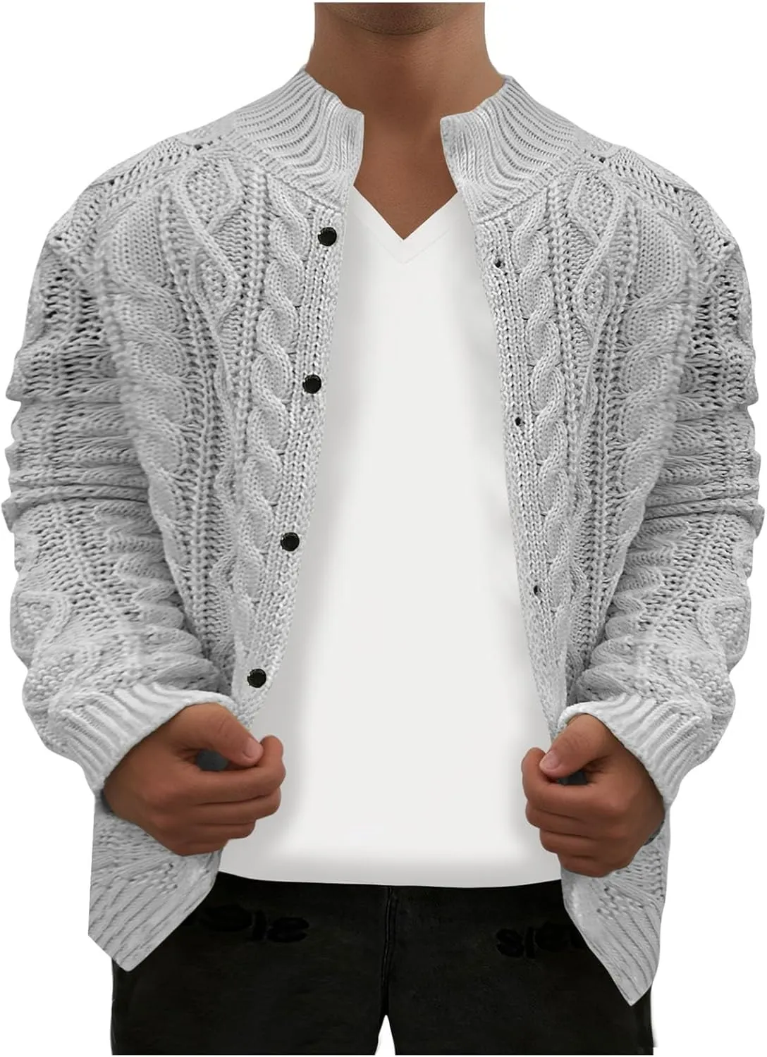 Mens Long Sleeve Stand Collar Cardigan Sweaters Button Down Cable Knitted Sweater Solid Wool Knitted Sweater Cardigan